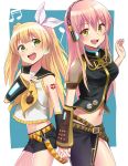  2girls :d blonde_hair cosplay detached_sleeves fang green_eyes hair_ribbon hand_on_own_chest headphones holding_hands idolmaster idolmaster_cinderella_girls interlocked_fingers jougasaki_mika jougasaki_rika kagamine_rin kagamine_rin_(cosplay) long_hair megurine_luka megurine_luka_(cosplay) midriff multiple_girls musical_note navel open_mouth pink_hair ribbon sailor_collar shorts siblings sisters smile sonsoso two_side_up vocaloid 