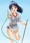  1girl :d barefoot black_hair blue_eyes chaborin gym_uniform hose long_hair open_mouth original ponytail school_swimsuit smile solo swimsuit swimsuit_under_clothes water wet wet_clothes wet_t-shirt 