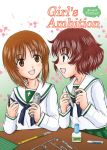  2girls akiyama_yukari blush bottle brown_eyes brown_hair girls_und_panzer glue multiple_girls nishizumi_miho short_hair smile tae_makimura tools 