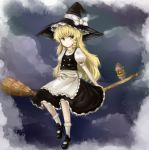  1girl af-henrytz apron black_dress blonde_hair bow braid broom broom_riding dress flying hat hat_bow kirisame_marisa lamp long_hair looking_at_viewer puffy_sleeves short_sleeves solo touhou very_long_hair waist_apron witch witch_hat yellow_eyes 