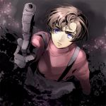  1boy blue_eyes brown_hair gloves gun kotoji_(kakushi_niwa) metropolis pistol rock_(metropolis) short_hair solo weapon 