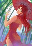  1girl bare_shoulders blue_eyes braid butterfly chinese_clothes highres hong_meiling kumo_ryuun long_hair looking_back oriental_umbrella redhead solo touhou twin_braids umbrella 