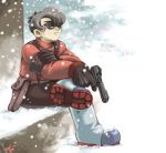  1boy black_hair boots crossed_legs gloves gun holster lowres masato_(oal) metropolis pistol rock_(metropolis) sitting snow snowing solo sunglasses suspenders weapon 