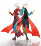  2boys blue_eyes blue_jacket boots devil_may_cry dual_persona haine_(howling) jacket long_coat multiple_boys palette_swap red_jacket short_hair vergil white_hair 