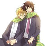  2boys brown_hair caesar_anthonio_zeppeli formal jojo_no_kimyou_na_bouken joseph_joestar_(young) multiple_boys necktie scarf sleeping suit yuzuru_(xxelysionxx) 