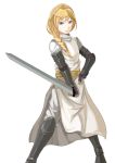  1girl armor blonde_hair braid highres maoyuu_maou_yuusha onna_kishi_(maoyuu) single_braid solo sword vococo weapon white_background 