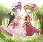 2girls af-henrytz ascot bat_wings blonde_hair blue_hair closed_umbrella flandre_scarlet flower forest hat hat_ribbon highres holding_hands looking_at_viewer multiple_girls nature open_mouth pink_eyes pointy_ears puffy_sleeves remilia_scarlet ribbon shirt short_sleeves siblings side_ponytail sisters skirt skirt_set smile stuffed_animal stuffed_toy teddy_bear touhou tree turning umbrella wings wrist_cuffs 
