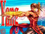  1boy baggy_pants bridal_gauntlets brown_hair chinese_clothes fighting_stance fringe kung_fu male muscle nikuji-kun solo street_fighter street_fighter_iii yang_lee 
