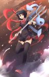  1girl asymmetrical_wings black_hair black_legwear clouds dress floating highres houjuu_nue open_mouth polearm red_eyes rouzille shoes short_hair sky snake solo thigh-highs touhou trident weapon wings 