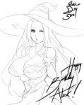  bare_shoulders breasts cleavage detached_sleeves dragon&#039;s_crown dress eu03 happy_birthday hat huge_breasts long_hair monochrome sketch solo sorceress_(dragon&#039;s_crown) strapless_dress wink witch_hat 