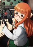  1girl blush brown_eyes brown_hair girls_und_panzer glasses headphones headphones_removed holding_headphones kama_iruka long_hair radio sitting solo takebe_saori 