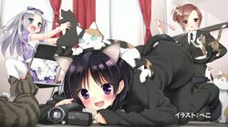  3girls alternate_costume animal_ears animal_on_head apron artist_name black_hair blush boku_wa_tomodachi_ga_sukunai bow brown_hair butler camcorder cat cat_ears cat_on_head cat_tail cat_teaser chair curtains dress_shirt enmaided flower formal hair_bow hair_flower hair_ornament kusunoki_yukimura long_hair maid mikazuki_yozora multiple_girls necktie pant_suit peko shirt short_hair silver_hair sitting sitting_backwards suit tagme tail takayama_maria thigh-highs top-down_bottom-up track_suit waistcoat white_legwear window 