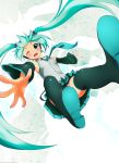  aqua_eyes aqua_hair boots detached_sleeves eventh7 falling foreshortening hatsune_miku highres long_hair necktie panties skirt striped striped_panties thigh-highs thigh_boots twintails underwear very_long_hair vocaloid 
