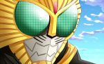  1boy blue_sky bust compound_eyes kamen_rider kamen_rider_beast kamen_rider_wizard_(series) male mask shinekalta sky solo 