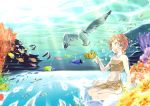  1girl absurdres barefoot bird brown_eyes brown_hair fish highres jewelry necklace original seagull seashell shell short_hair sitting skirt smile solo tubetop underwater water 