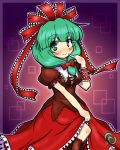  1girl boots bow breasts cleavage dress eruru_(erl) finger_to_mouth front_ponytail green_eyes green_hair hair_bow hair_ribbon highres kagiyama_hina pinky_to_mouth ribbon smile solo touhou 