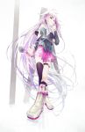  1girl ahoge bare_shoulders blue_eyes boots braid character_name highres ia_(vocaloid) kenshin lavender_hair long_hair looking_at_viewer looking_down microphone off_shoulder simple_background single_thighhigh skirt solo thigh-highs thigh_strap twin_braids very_long_hair vocaloid 