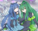 2girls bad_end_beauty bad_end_march bad_end_precure blue_eyes blue_hair bodysuit crystal fingerless_gloves frills gem gloves green_eyes green_hair hand_on_another&#039;s_chin hand_on_shoulder head_wings jappo long_hair multiple_girls open_mouth ponytail precure smile_precure! tiara very_long_hair 