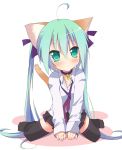  1girl :&lt; ahoge animal_ears bell bell_collar cat_ears cat_tail collar green_eyes green_hair hatsune_miku highres jingle_bell long_hair necktie simple_background sitting skirt solo tail thigh-highs torinannkotsukushi twintails very_long_hair vocaloid wariza white_background 