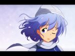  1girl blue_eyes blue_hair cato_(monocatienus) cherry_blossoms hat letterboxed letty_whiterock open_mouth perfect_cherry_blossom petals scarf solo touhou wind wink 