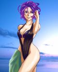  1girl blue_eyes breasts cleavage miang_hawwa noche_chunzi o-ring one-piece_swimsuit purple_hair rough short_hair solo swimsuit towel wet xenogears 
