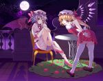  2girls bat_wings bent_over blonde_hair blue_hair chair flandre_scarlet full_moon hat hat_ribbon leg_up looking_at_viewer moon multiple_girls nayuta_(una) night open_mouth pink_eyes puffy_sleeves remilia_scarlet ribbon shirt short_sleeves siblings sisters sitting skirt skirt_set sky smile table touhou vest wings wrist_cuffs 