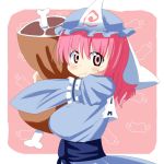  1girl :t boned_meat chamayy food hat japanese_clothes looking_at_viewer meat pink_eyes pink_hair pout saigyouji_yuyuko short_hair solo touhou triangular_headpiece 