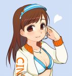  1girl bikini_top blush breasts brown_eyes brown_hair bust cleavage headset heart idolmaster idolmaster_cinderella_girls jacket jewelry long_hair necklace nitta_minami open_clothes open_jacket oza_watto parted_lips smile solo visor_cap 