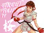  1girl alternate_costume brown_eyes brown_hair dougi fingerless_gloves gloves gym_uniform headband kasugano_sakura nikuji-kun scar short_hair sleeveless solo street_fighter street_fighter_iv thighs 