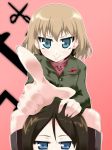  2girls blonde_hair blush bokugeki girls_und_panzer green_eyes katyusha long_hair military military_uniform multiple_girls nonna pointing short_hair sitting smile uniform 