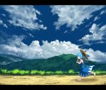  1girl blue_eyes blue_hair bug cirno clouds dress hat ice ice_wings mountain net sasaj scenery short_hair sky solo straw_hat touhou wings 