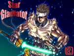  1boy blue_eyes brown_hair energy_sword fingerless_gloves forehead_protector gloves glowing glowing_eye kanzaki_hayato_(star_gladiator) muscle nikuji-kun plasma_sword short_hair solo star_gladiator sword weapon 