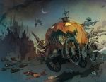  1girl artist_name bat cart crescent_moon cross dog ghost grave moon night original pone pumpkin sharp_teeth signature skeleton skull weapon yellow_eyes zombie 