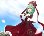  1girl arm_ribbon bow dress flower frills front_ponytail green_eyes green_hair hair_bow hair_ornament hair_ribbon hand_on_own_chest highres kagiyama_hina long_hair mikan_(ama_no_hakoniwa) open_mouth red_dress ribbon short_sleeves sky smile solo touhou 