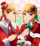  2girls ahoge blonde_hair capelet christmas dual_persona fate/stay_night fate/zero fate_(series) formal green_eyes hair_ribbon hat long_hair mini_top_hat mmm_ss multiple_girls necktie ponytail ribbon saber suit top_hat 