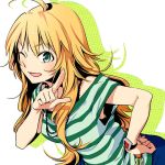  1girl blonde_hair green_eyes hand_on_hip hoshii_miki idolmaster long_hair nakatani open_mouth pointing shadow smile solo watch watch wink 