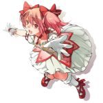  1girl gloves kaname_madoka magical_girl mahou_shoujo_madoka_magica nakatani outstretched_arms pink_eyes pink_hair shadow short_hair simple_background solo spread_arms twintails white_background white_gloves 