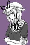  1girl expressionless hat long_hair monochrome nakatani purple_background simple_background solo touhou yakumo_yukari 