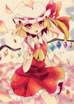  1girl ascot blonde_hair bow flandre_scarlet hat hat_bow open_mouth petals polo_(dokulow) red_eyes side_ponytail skirt skirt_set smile solo touhou wings 