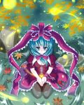  1girl aqua_eyes aqua_hair arm_ribbon black_legwear bow breasts cleavage frills front_ponytail hair_bow hair_ornament hair_ribbon hiiragi_tomoka in_water kagiyama_hina kneeling leaf light_particles light_smile long_hair ribbon short_sleeves solo stone touhou water 