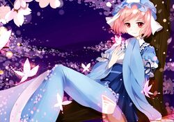  1girl breasts butterfly cherry_blossoms hat japanese_clothes momoyang obi petals pink_eyes pink_hair saigyouji_yuyuko short_hair sitting smile touhou tree triangular_headpiece wide_sleeves 