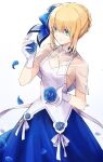  1girl ahoge artoria_pendragon_(fate) bangs blonde_hair blue_bow blue_flower blue_skirt bow braid braided_bun capelet eyebrows_visible_through_hair fate/stay_night fate_(series) flower gloves green_eyes hair_between_eyes hair_bow hair_bun hair_flower hair_ornament highres long_skirt maru_(pixiv51714255) parted_lips ribbon saber see-through_capelet shiny shiny_hair short_hair sidelocks simple_background skirt solo standing vest white_background white_gloves white_ribbon white_vest 