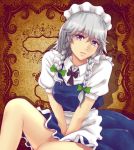  1girl apron blue_eyes braid breasts dress dress_shirt izayoi_sakuya lips maid maid_headdress shirt short_hair silver_hair sitting smile touhou twin_braids x&amp;x&amp;x 