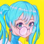  1girl :o alternate_costume bangs blue_eyes earrings face glasses hair_behind_ear hatsune_miku highres jewelry lin_hai looking_at_viewer open_mouth round_eyewear solo twintails upper_body vocaloid yellow_background 