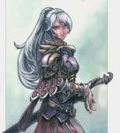 1girl armor blue_eyes cowboy_shot knight long_hair looking_at_viewer maawwmaa original ponytail sheath sheathed silver_hair solo sword weapon 