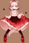  1girl animal_ears black_legwear blush detached_sleeves geta hat inubashiri_momiji red_eyes rough short_hair sigure_(drizzle) smile solo tail tokin_hat touhou white_hair wolf_ears wolf_tail 