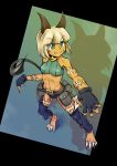  1girl animal_ears belt breasts brown_hair cat_ears cat_tail dark_skin fingerless_gloves gloves green_eyes highres midriff nadia_fortune pouches scar skullgirls solo sui_sui tail under_boob 