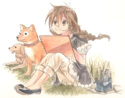  1girl ayanashi_kunio braid brown_eyes brown_hair dog ga_geijutsuka_art_design_class glasses grass long_hair shiba_inu sitting sketchbook sketching smile traditional_media watercolor_(medium) yamaguchi_kisaragi 