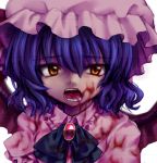  1girl alternate_eye_color blood bowtie brooch face fangs hat jewelry open_mouth purple_hair remilia_scarlet short_hair solo suzumura_ayane touhou wings yellow_eyes 