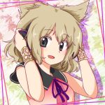  1girl bracelet bust gimicalmas gradient gradient_background grey_eyes hands_on_headphones head_tilt headphones jewelry leaf light_brown_hair looking_at_viewer lowres maple_leaf open_mouth shadow sleeveless solo touhou toyosatomimi_no_miko 